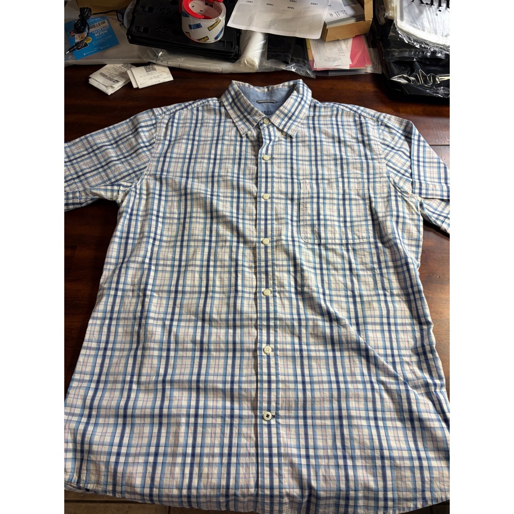 Izod Saltwater Mens Large Blue Plaid Short Sleeve Button Down Shirt Relaxed Fit